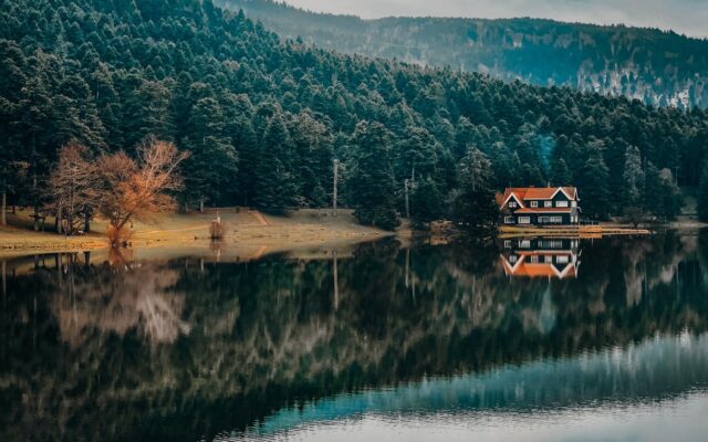 Sonbaharda sis altındaki Abant Gölü ve çevresindeki sarı yapraklı ağaçlar
