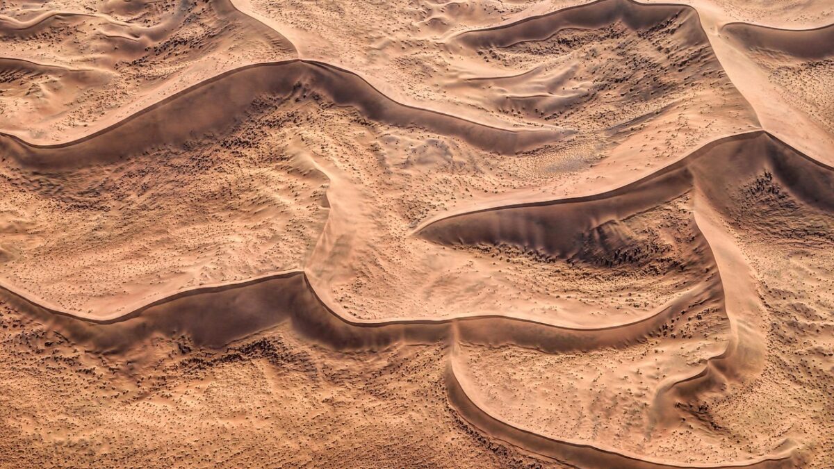 Namib Çölü'nde turuncu renkli kumullar ve gün doğumunda uzanan kum manzarası