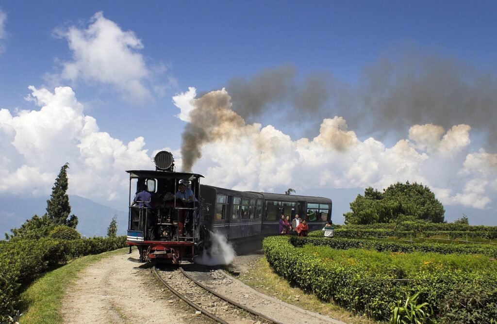 Darjeeling'de dağ yamacında ilerleyen oyuncak tren