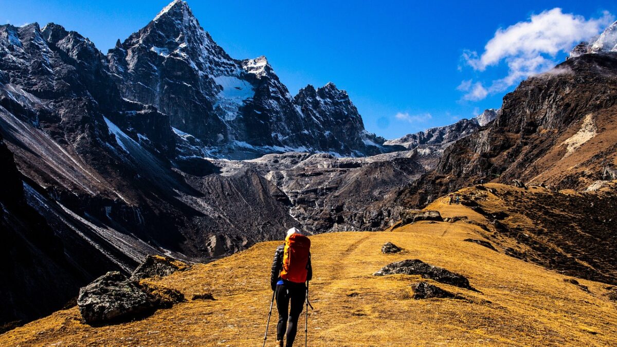 Himalaya dağlarında patikada yürüyen trekking grubu