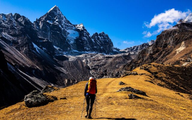 Himalaya dağlarında patikada yürüyen trekking grubu