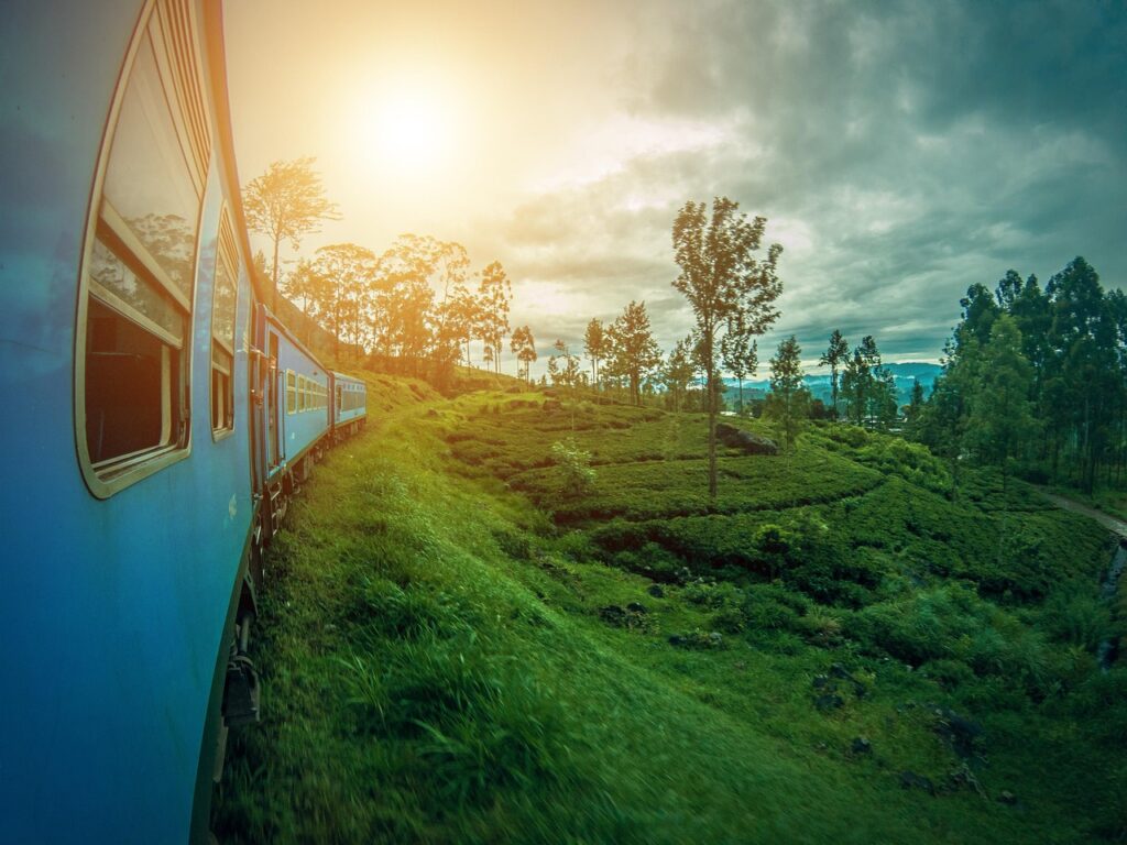 Sri Lanka'da Ella çevresindeki çay tarlaları arasından geçen yolcu treni