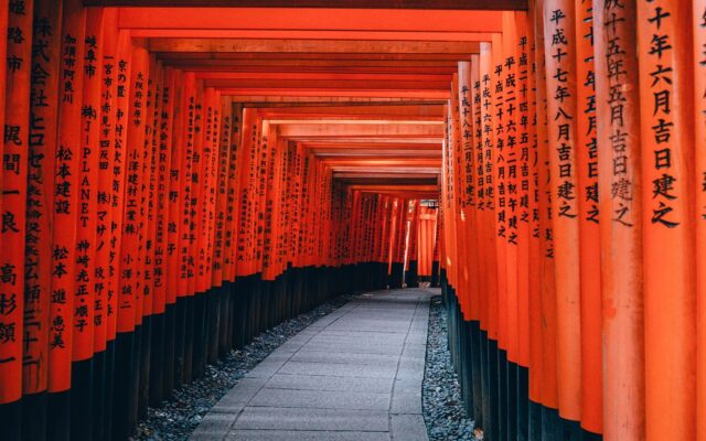 Kyoto'daki Fushimi Inari Tapınağı'nın kırmızı torii kapılarının uzaktan görünümü, Asya gezi rehberi kapak görseli