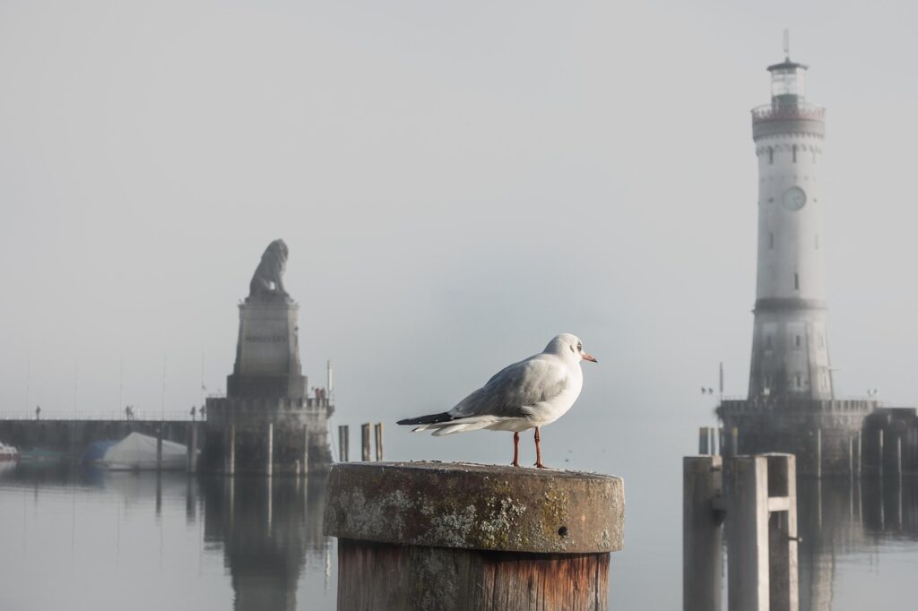 Konstanz Gölü kıyısında Lindau limanının girişindeki fener