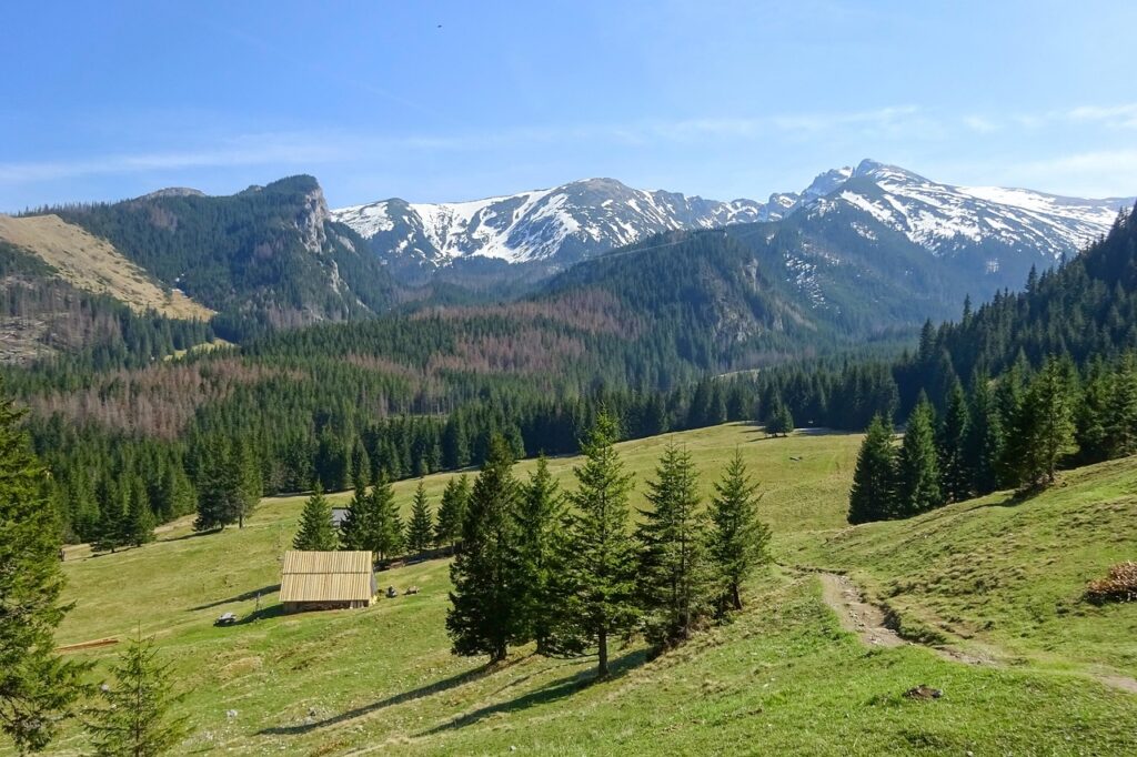 Tatra Dağları'nda yürüyüşçüler ve sıra dağlar