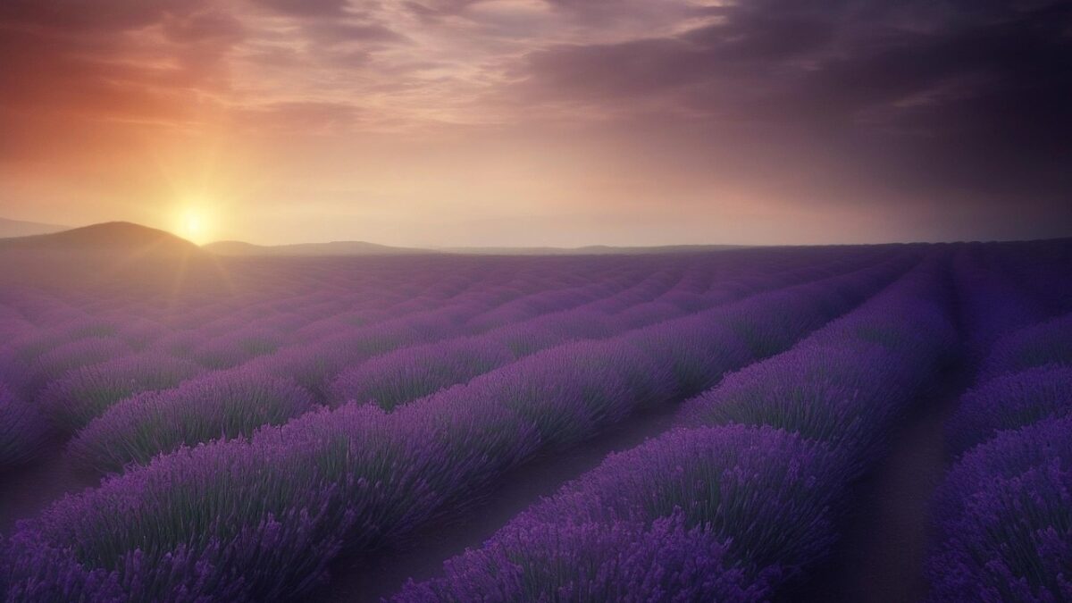 Provence'ta mor lavanta tarlalarının arasında uzanan yol ve ufukta sıra sıra sürülmüş toprak