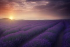 Provence'ta mor lavanta tarlalarının arasında uzanan yol ve ufukta sıra sıra sürülmüş toprak