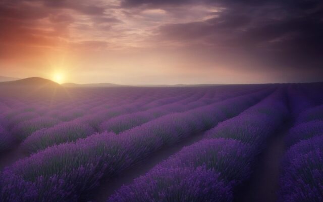 Provence'ta mor lavanta tarlalarının arasında uzanan yol ve ufukta sıra sıra sürülmüş toprak