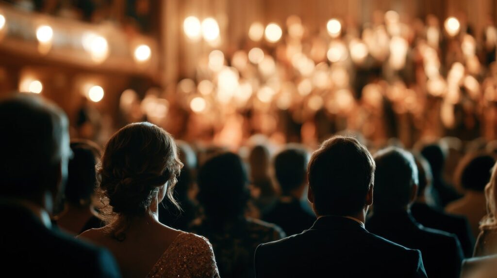 Klasik müzik konserinde sahneyi izleyen dinleyiciler ve akustik salon atmosferi