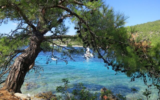 Ege kıyısında Bodrum ile Çeşme’yi karşılaştıran sahil oteli ve turkuaz deniz manzarası