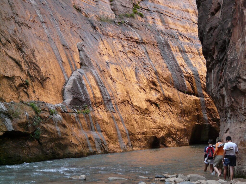 Zion Ulusal Parkı'nda dar kanyon içinde nehir yürüyüşü yapan ziyaretçiler