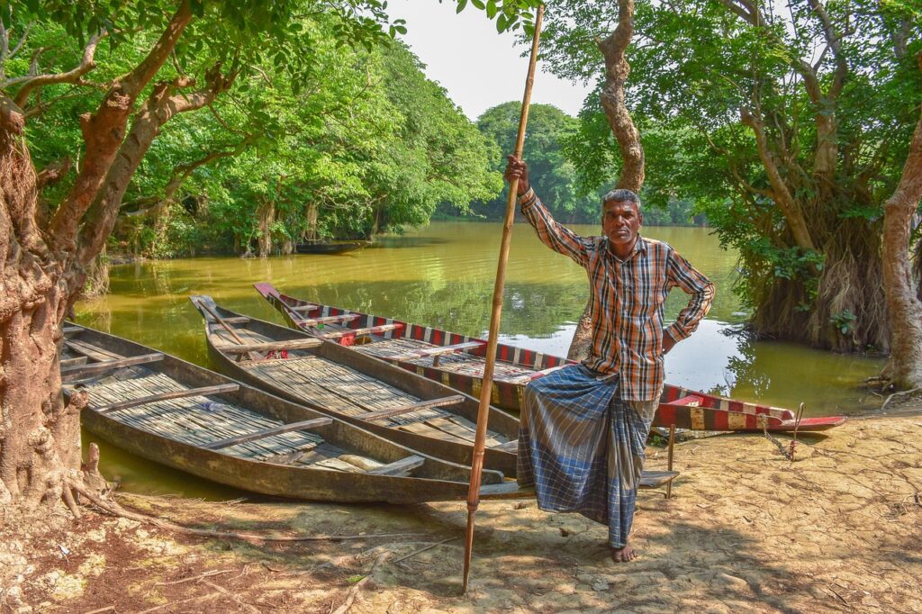 Sundarbans mangrov ormanında kanallarda ilerleyen bir tekne