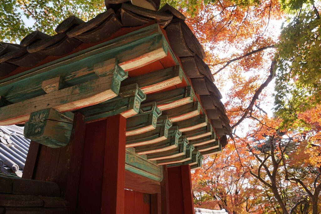 Gyeongju'daki Bulguksa Tapınağı'nın taş basamakları ve sonbahar ağaçları