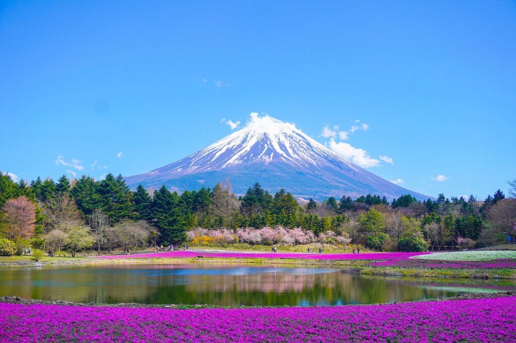 Hakone'de Ashi Gölü kıyısından Fuji Dağı manzarası