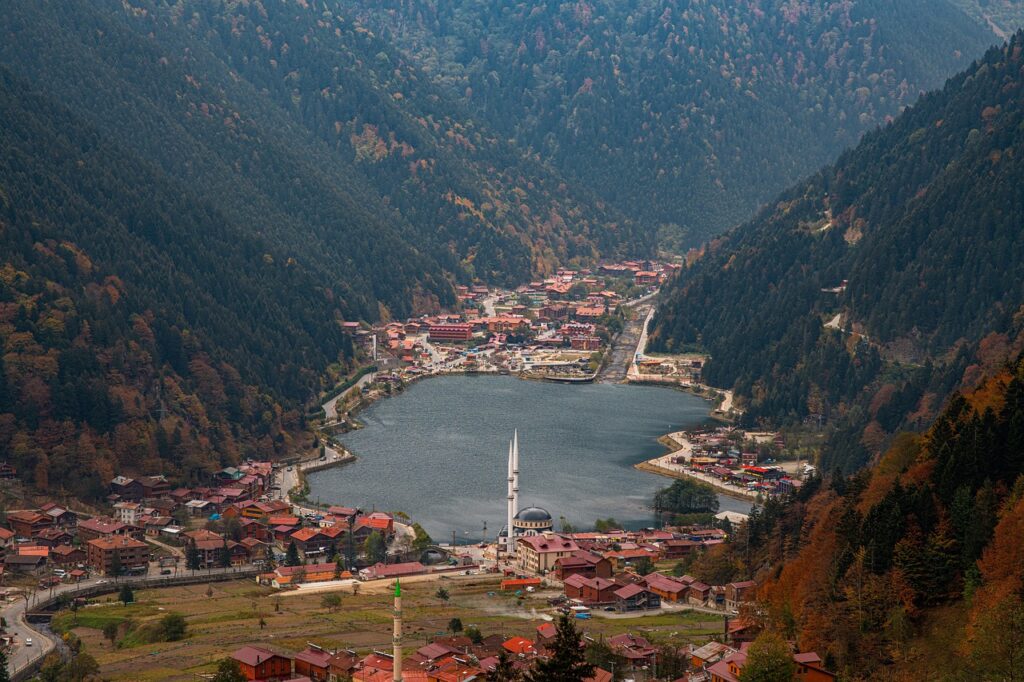 Sonbahar renklerinde Uzungöl ve çevresindeki çam ağaçları