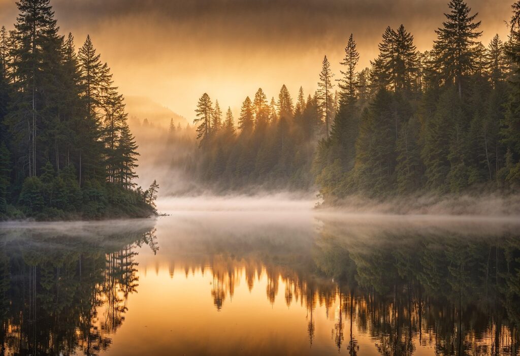 İznik Gölü kıyısında sabah sisi ve sakin su yüzeyi