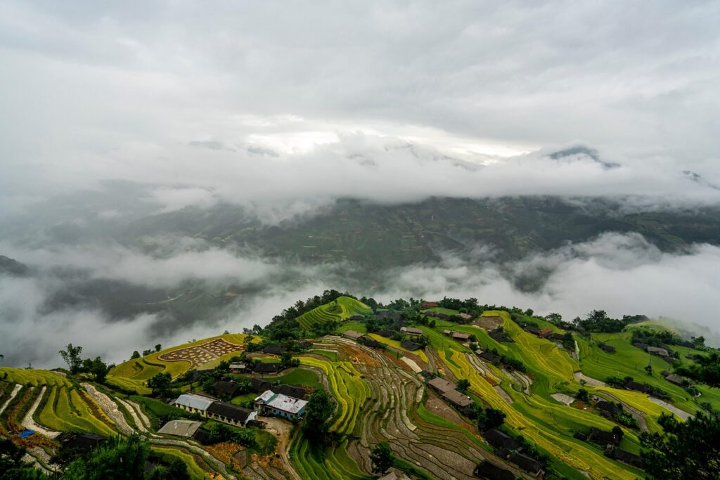 Çin'in Yunnan eyaletinde sis altında sabah ışığını alan Yuanyang terasları