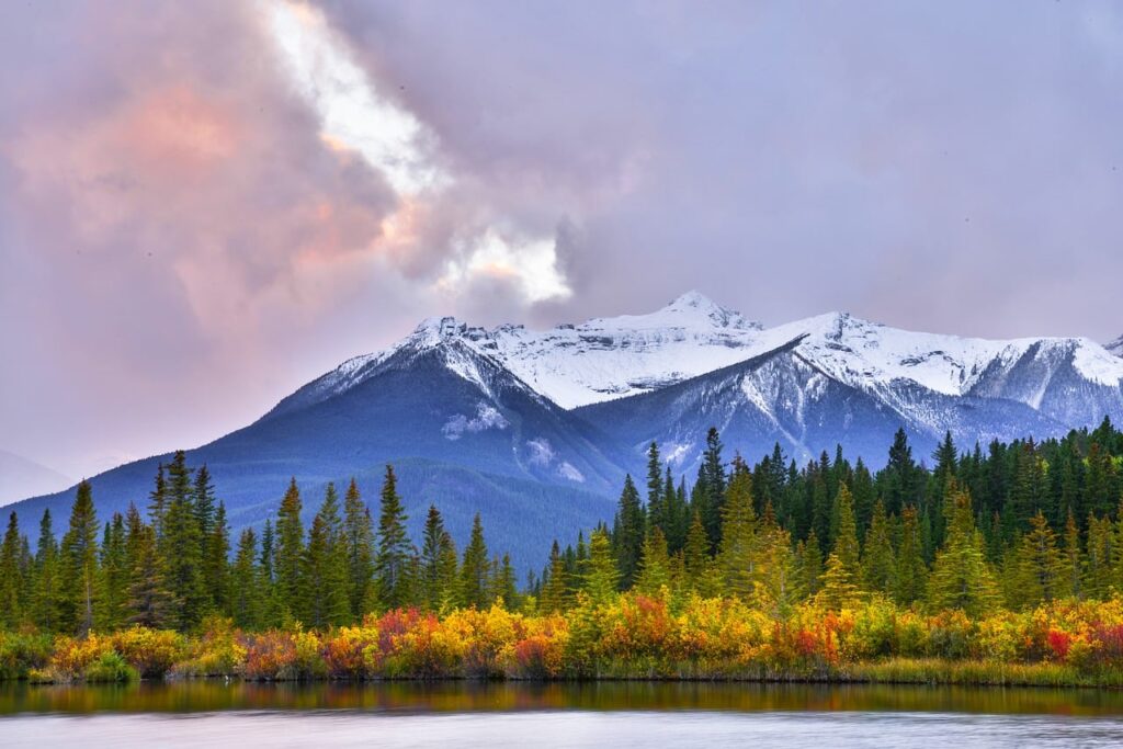Banff'te sonbaharda sarıya dönen ağaçlar ve dağ gölü