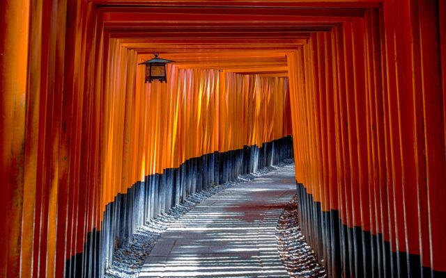 Kyoto'daki Fushimi Inari Tapınağı'nda sıralanan kırmızı torii kapıları