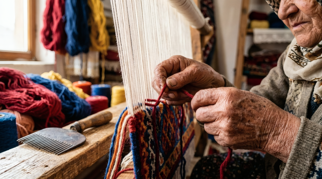 Geleneksel Türkmen halısı dokuma detayı
